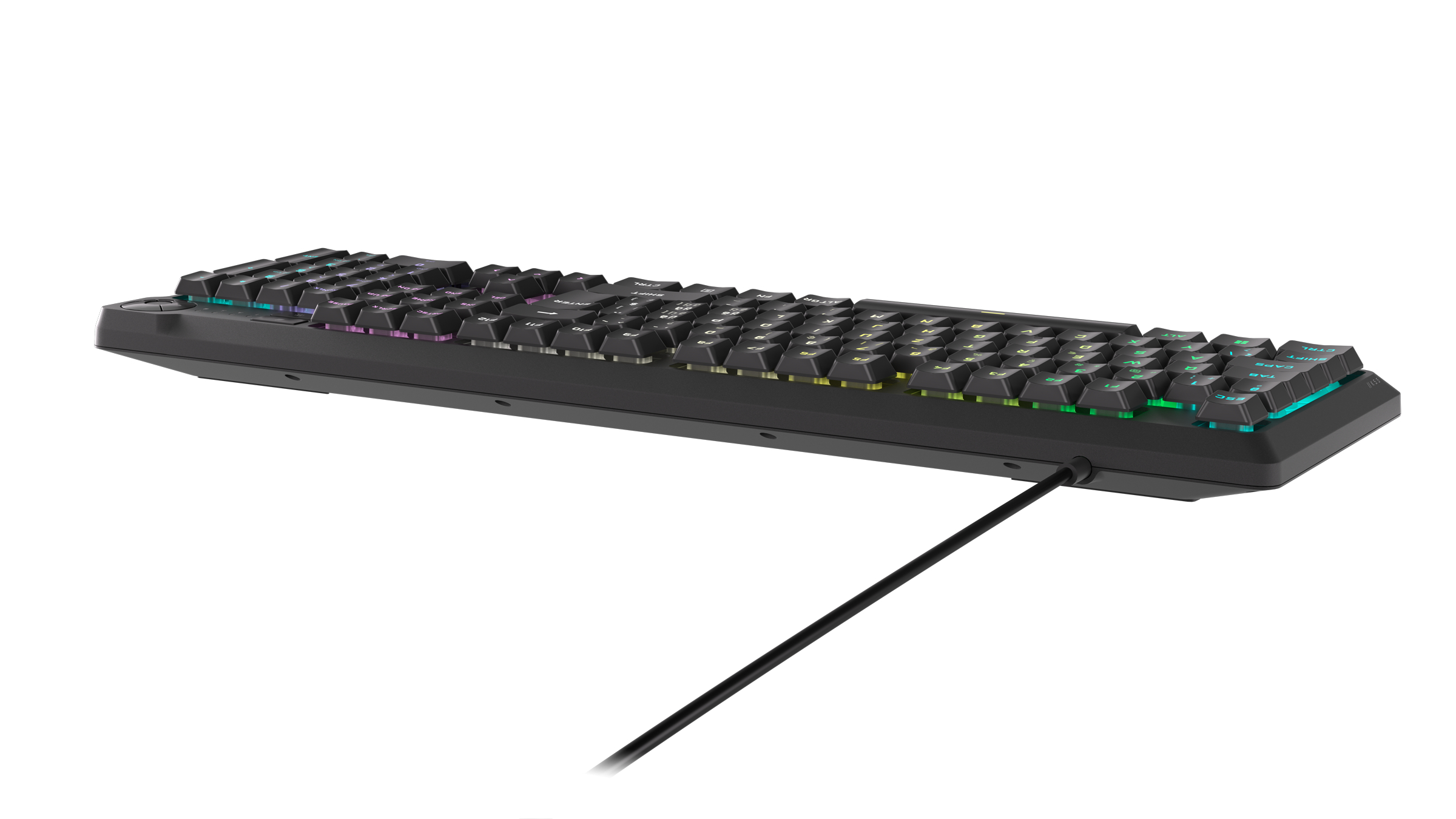 Schwarze Tastatur mit beleuchteten Tasten, Kabel angeschlossen. Auf weißer Oberfläche, Seitenansicht.