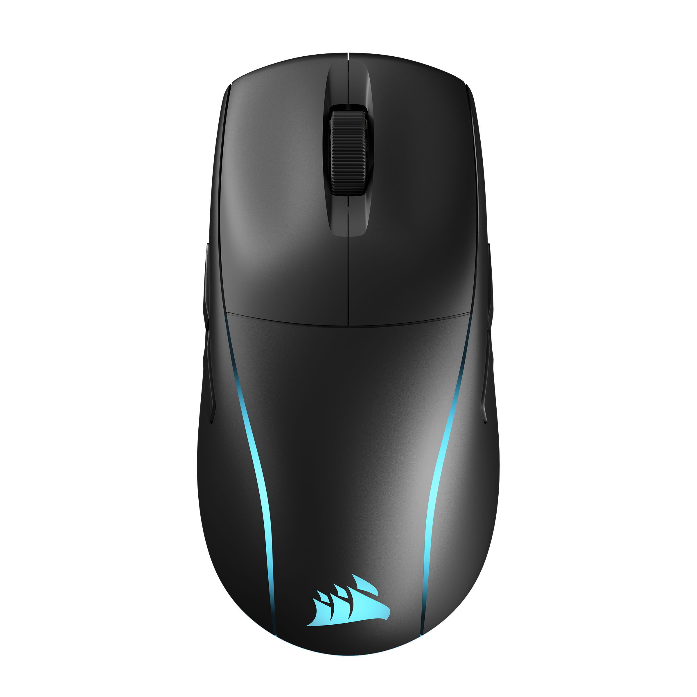 Schwarze Gaming-Maus von oben. Blaues Licht ist unten mit dem Corsair-Logo. Das Scrollrad befindet sich in der Mitte.
