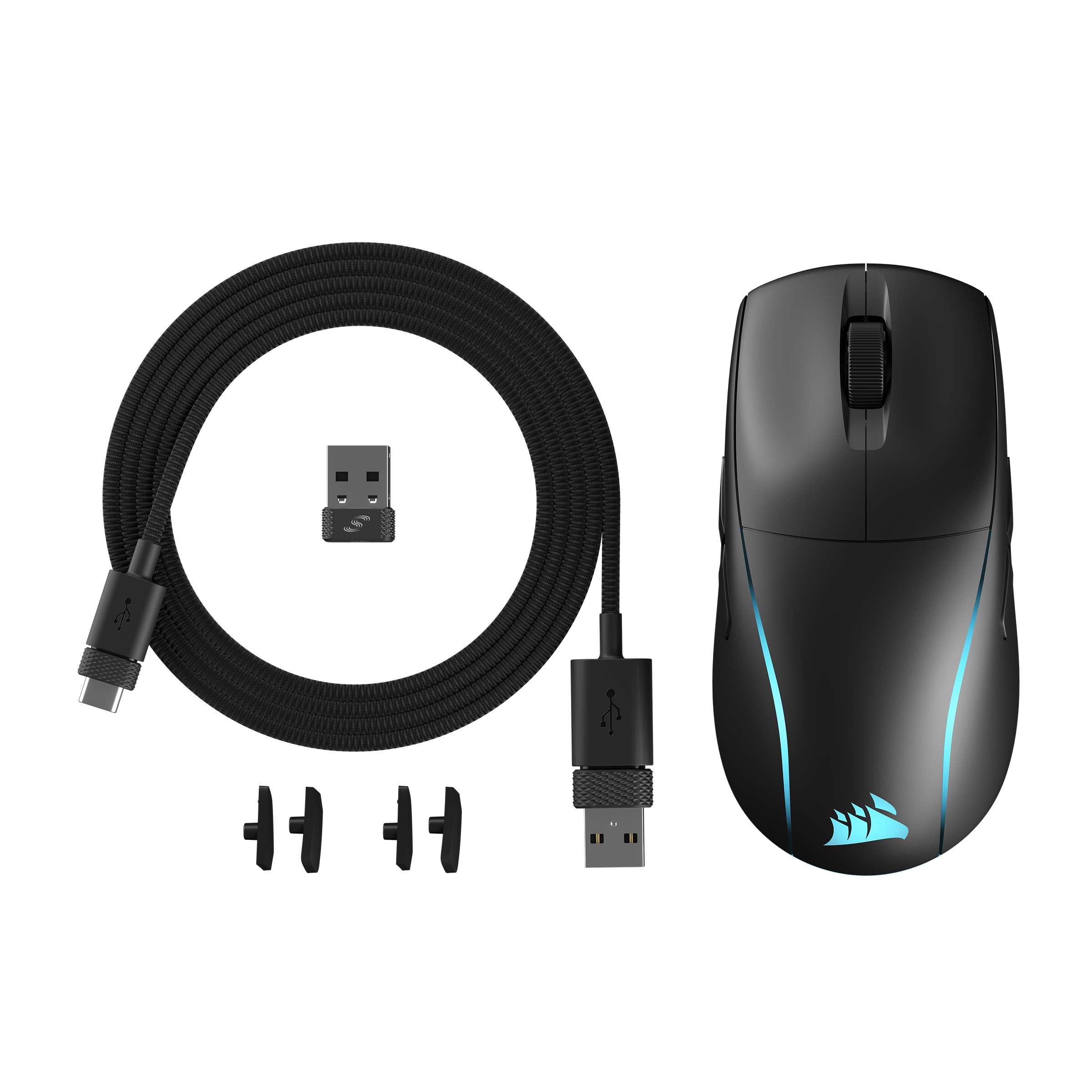Schwarze Gaming-Maus mit Kabel und drahtlosem Dongle. Blaue Lichter.