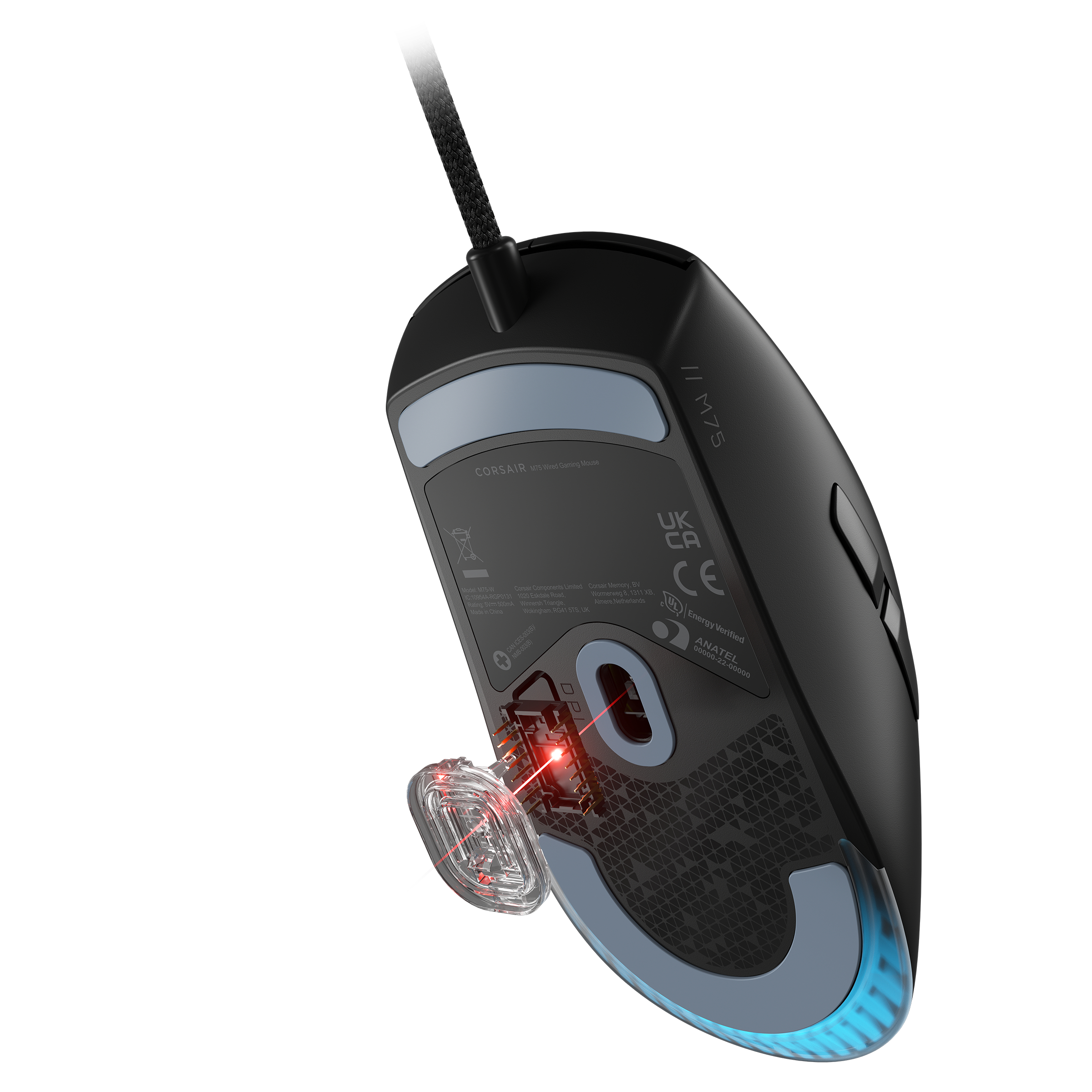 Unteransicht einer schwarzen Gaming-Maus mit grauen Akzenten, einem roten Licht und einer transparenten Taste.