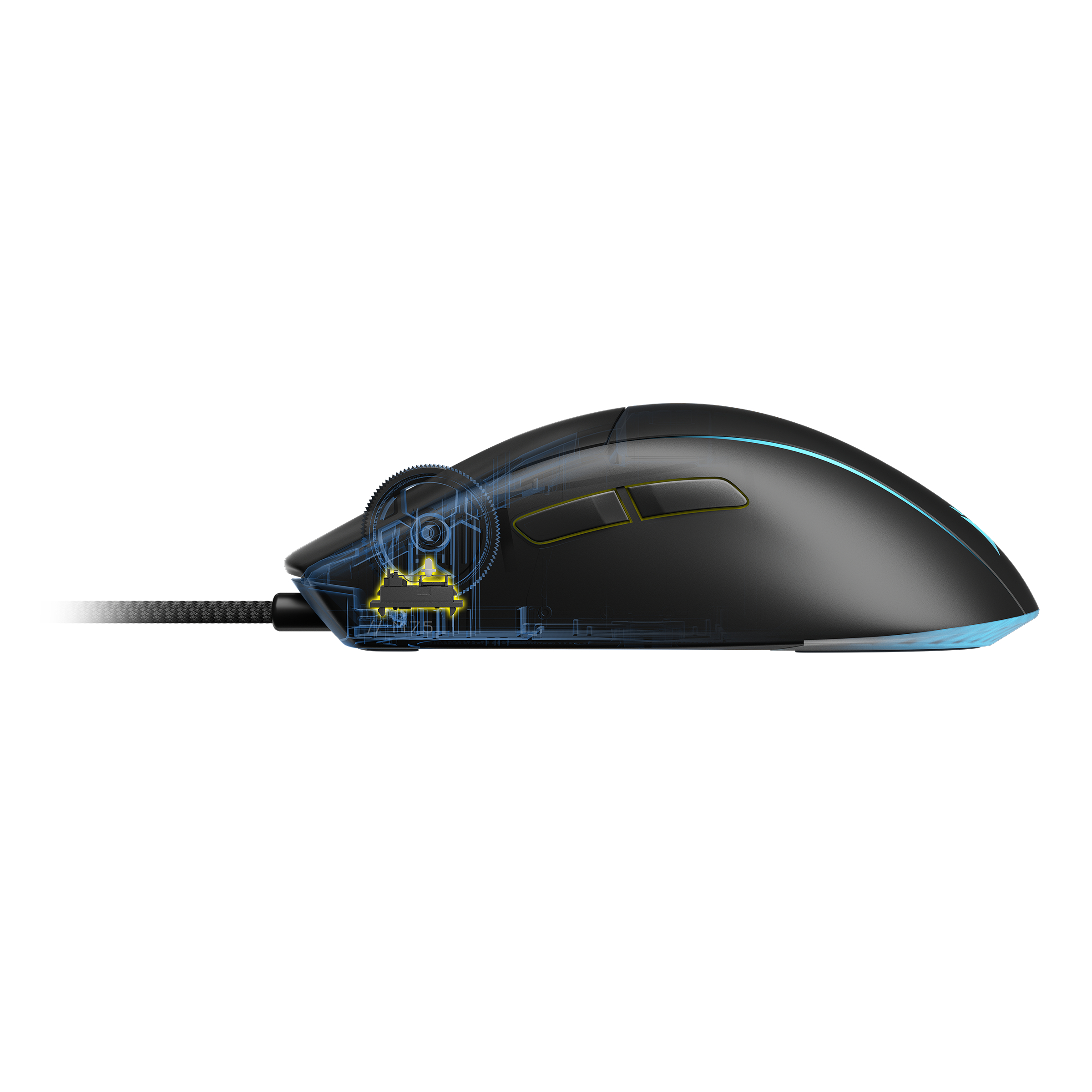 Eine schwarze Gaming-Maus mit einem Ausschnitt, der interne mechanische Komponenten zeigt.