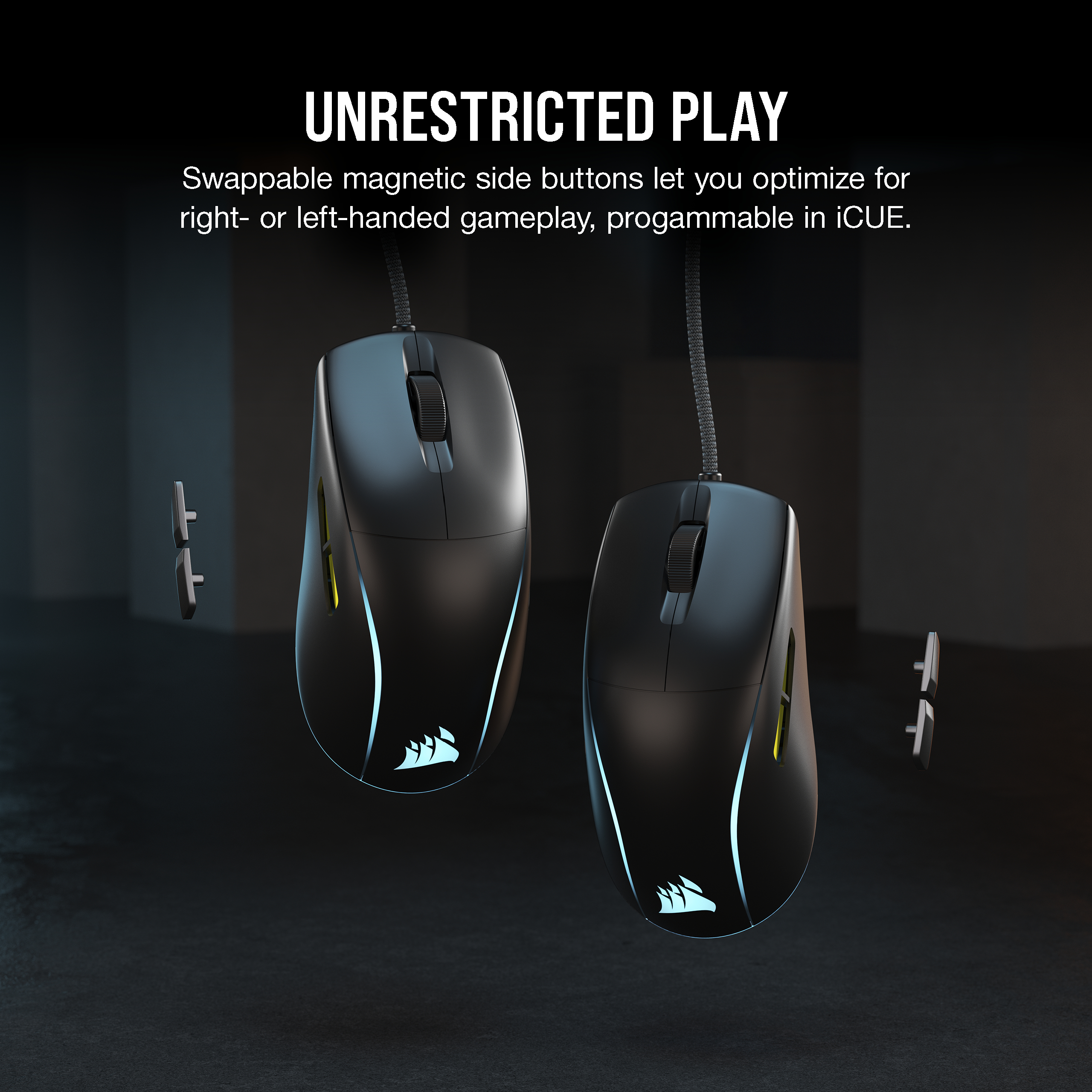 Zwei schwarze Gaming-Mäuse mit blauen Akzenten. Text-Overlay: "UNRESTRICTED PLAY".