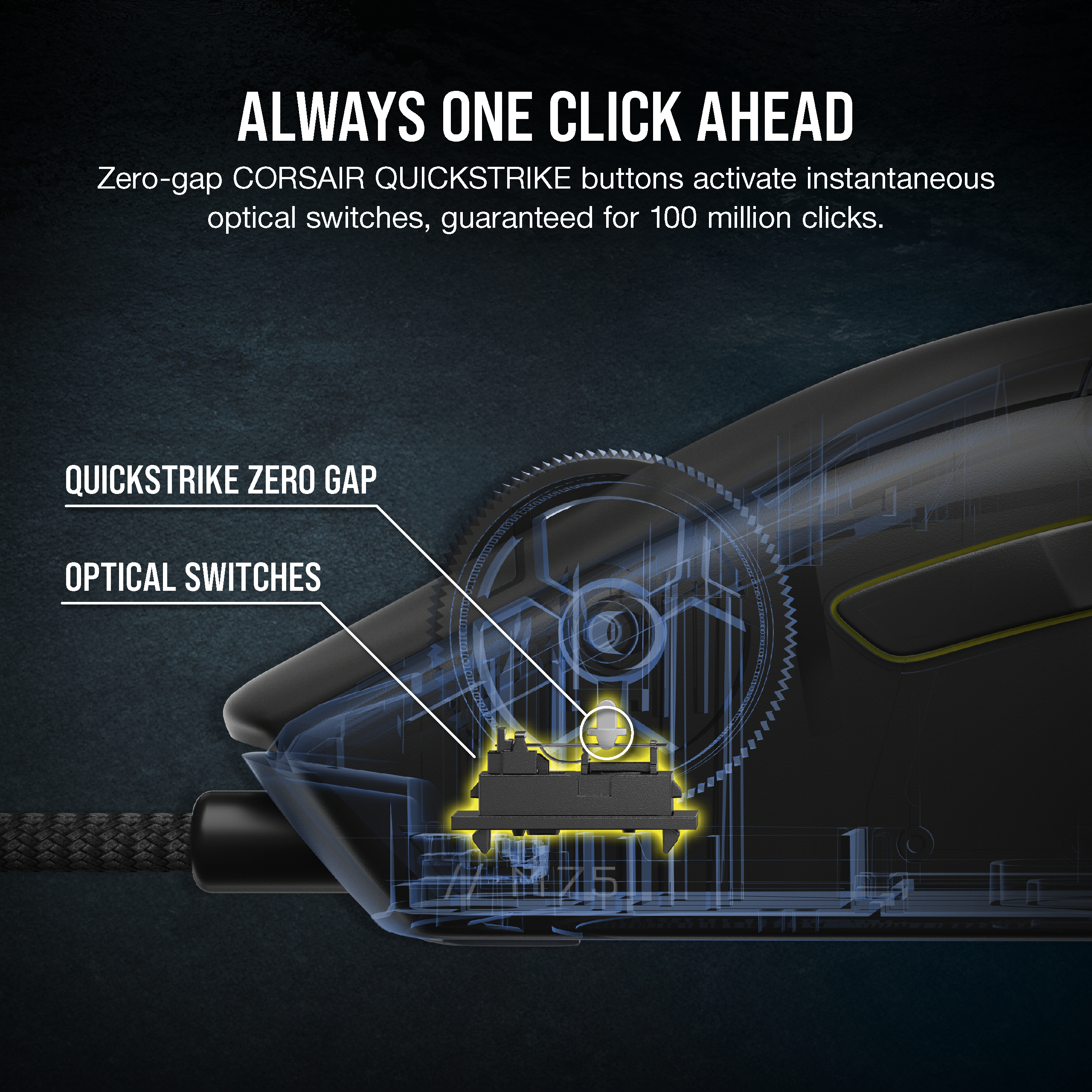 Maus mit optischen Schaltern und Quickstrike-Tasten. Zero-Gap CORSAIR QUICKSTRIKE-Tasten aktivieren optische Schalter.
