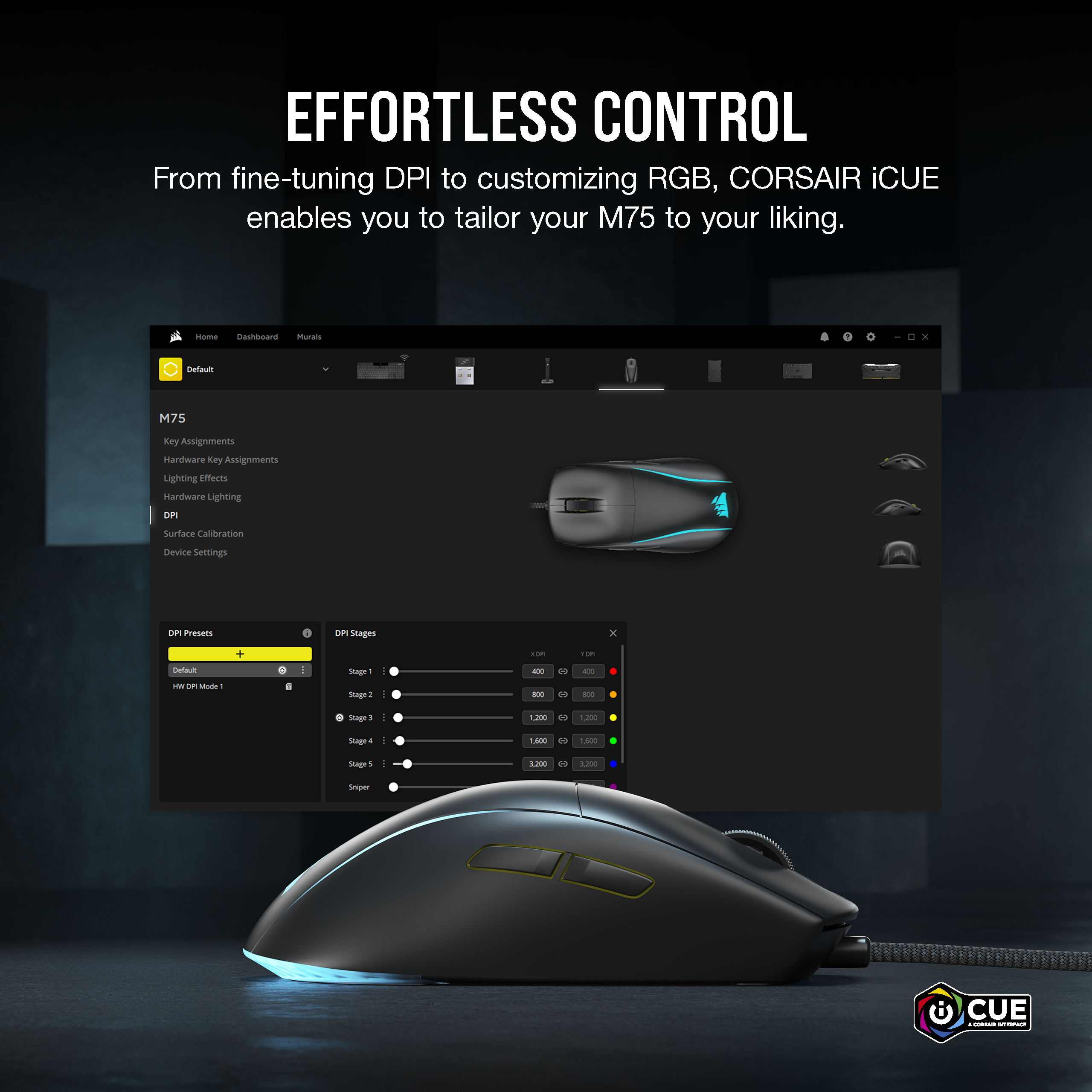 Schwarze Gaming-Maus mit blauem Licht und Computerbildschirm mit Einstellungen.