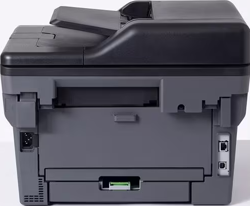 Vista posteriore di una stampante grigia con parte superiore aperta e varie porte di connessione.