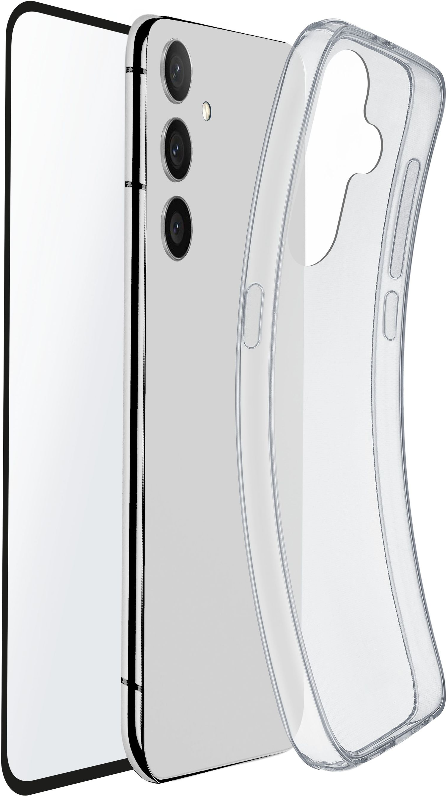 Telefon mit Displayschutz und Hülle, zeigt die Rückseite des Telefons.