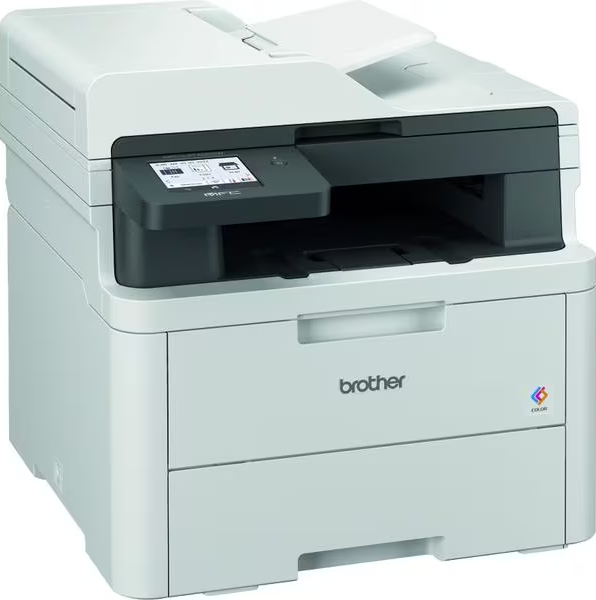 Viene mostrata una stampante Brother bianca. Ha uno scanner in alto e un cassetto per la carta in basso.