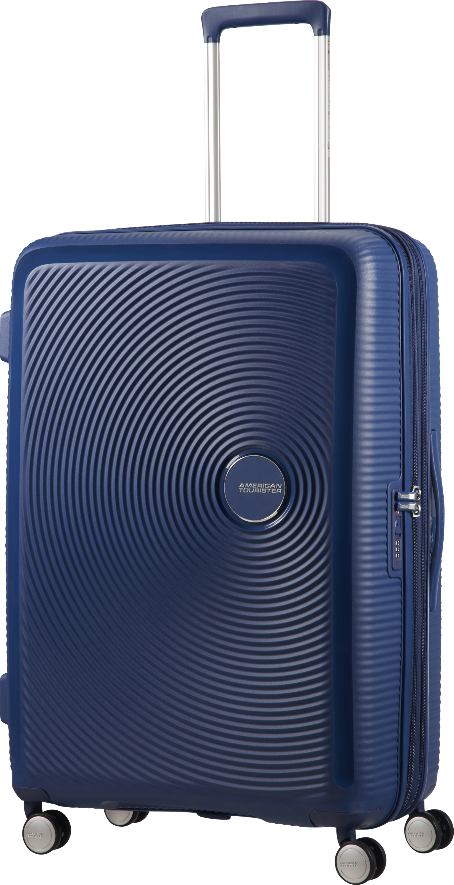 Blauer American Tourister Koffer mit konzentrischem Kreismuster, silbernem Griff und Rollen.
