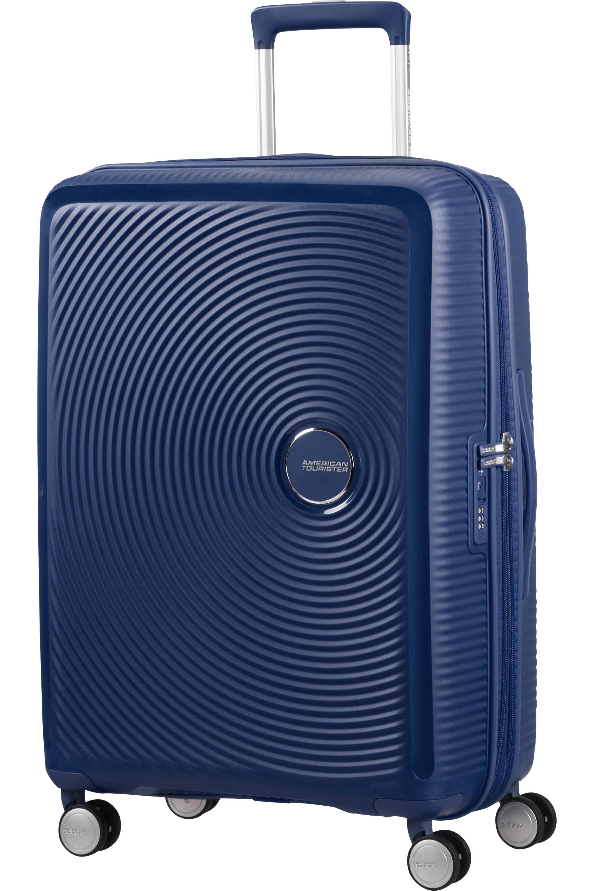 Ein marineblauer Koffer mit kreisförmigem Design, vier Rädern und einem Griff.