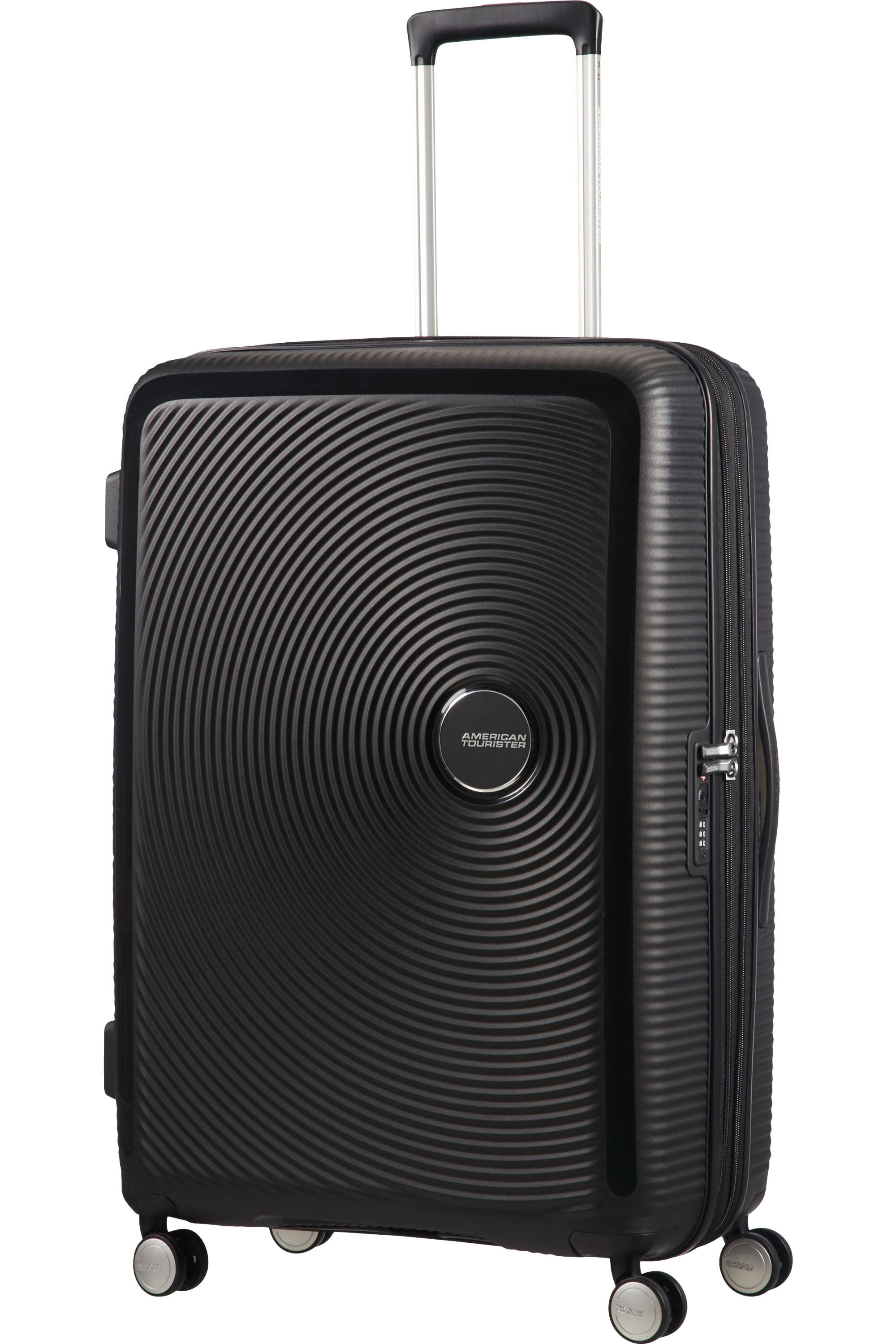 Schwarzer American Tourister Koffer mit Spiralmuster.