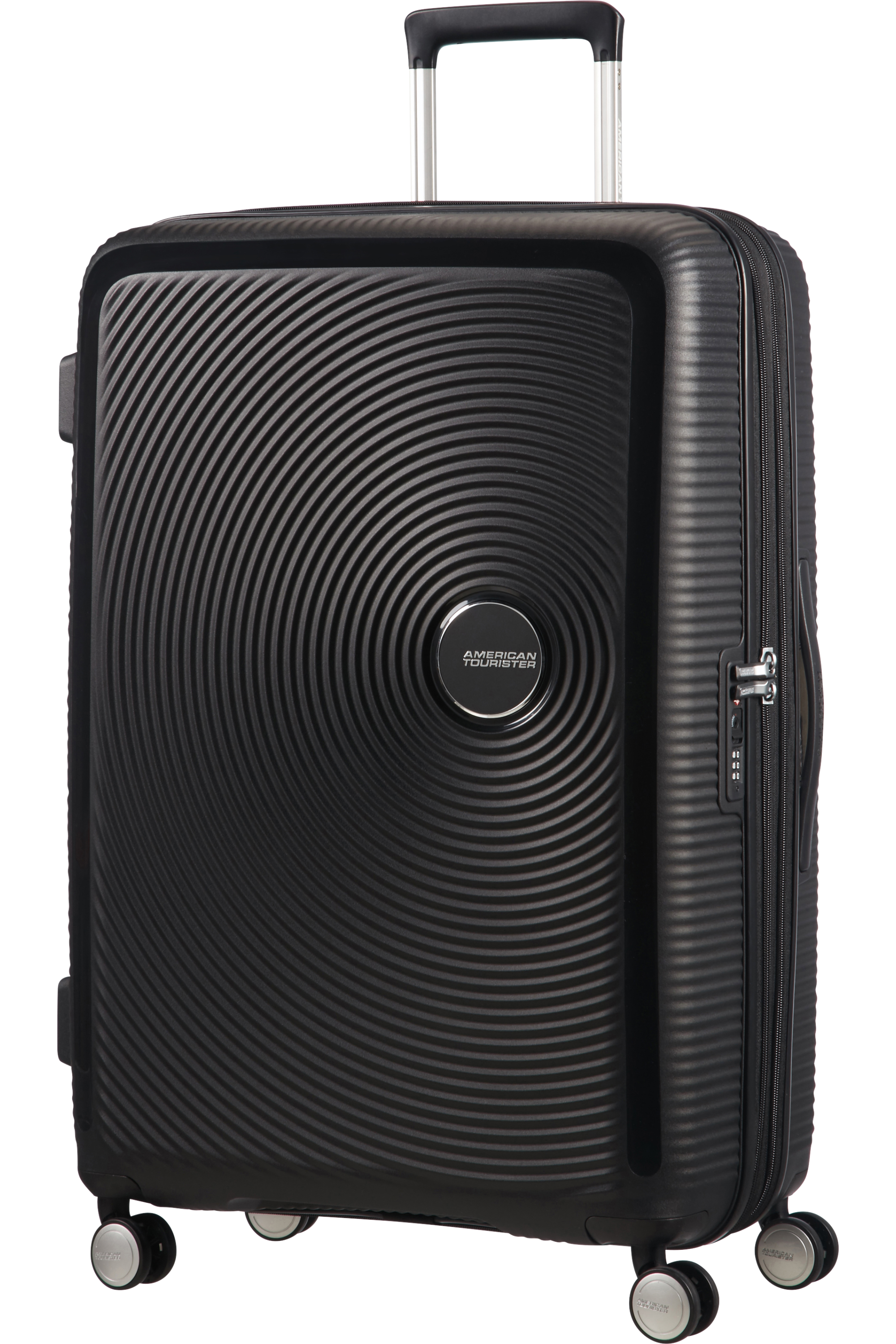 Schwarzer Reisekoffer mit Spiraldesign und Griff. Der Koffer hat Räder und ein American Tourister Logo.