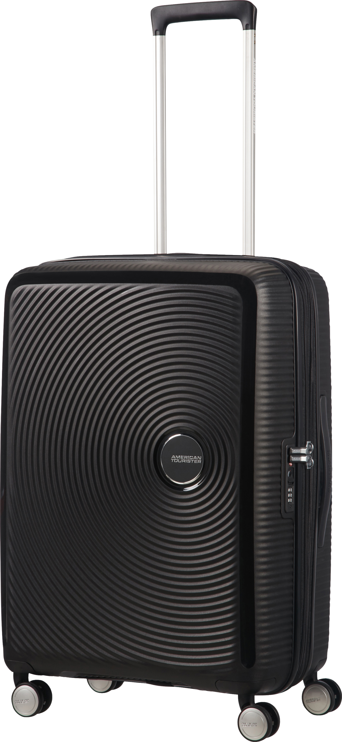 Schwarzer Koffer mit Wirbeldesign. Hat ein American Tourister-Logo und einen Griff.