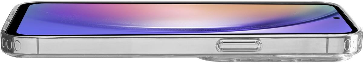 Téléphone dans un étui transparent, vue latérale. Affiche l'écran. A un renflement de caméra à l'arrière.