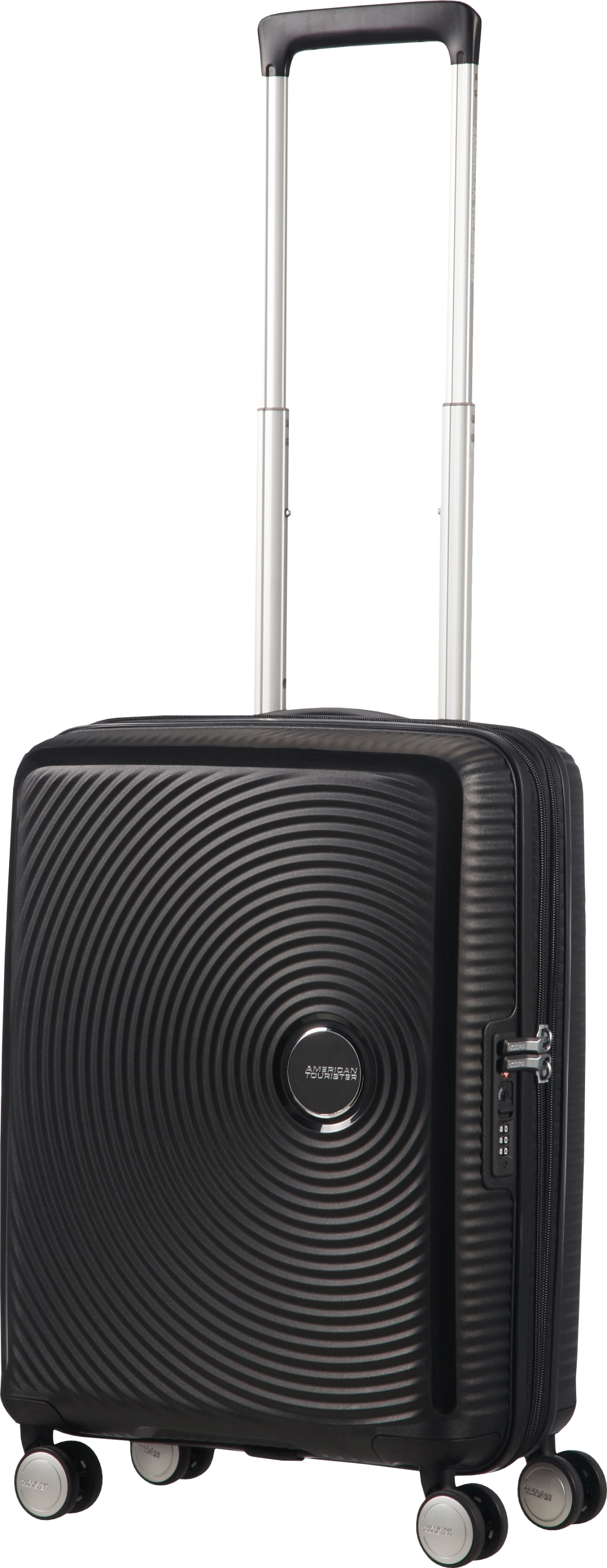 Schwarzer American Tourister Koffer auf Rädern mit ausziehbarem Griff.