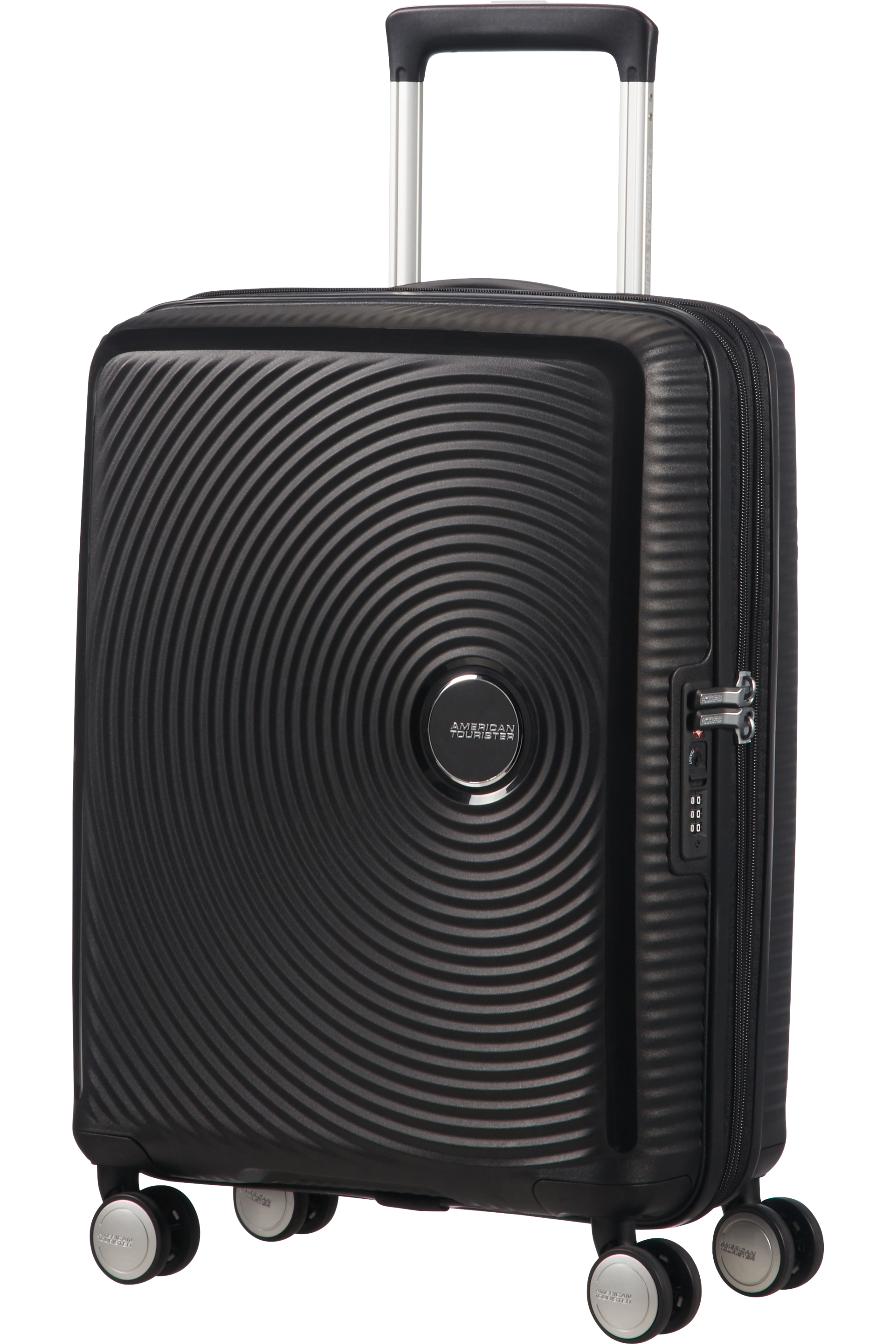 Schwarzer American Tourister Koffer mit Spiraldesign. Silberner Griff und Räder.