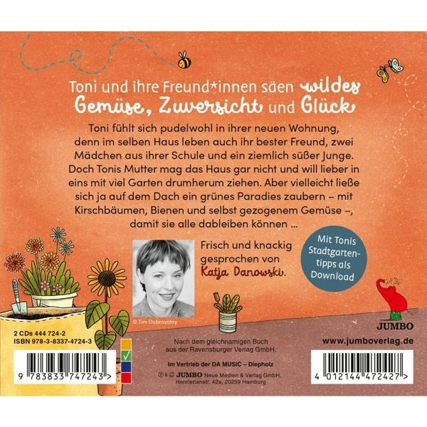 Buchcover mit Illustrationen von Blumen, Bienen und Text über Tonis Gartenträume.