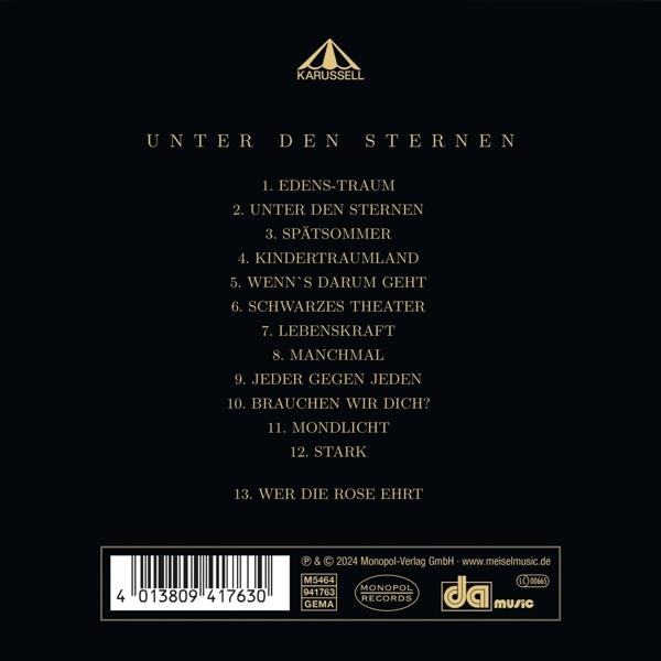 CD-Rückseite mit Titelliste auf Deutsch: Unter den Sternen, Edens Traum, u.a. Karussell-Logo.