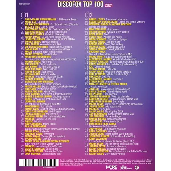 Discofox Top 100 2024 CD-Cover mit Songtiteln und Künstlernamen. Textlastig.