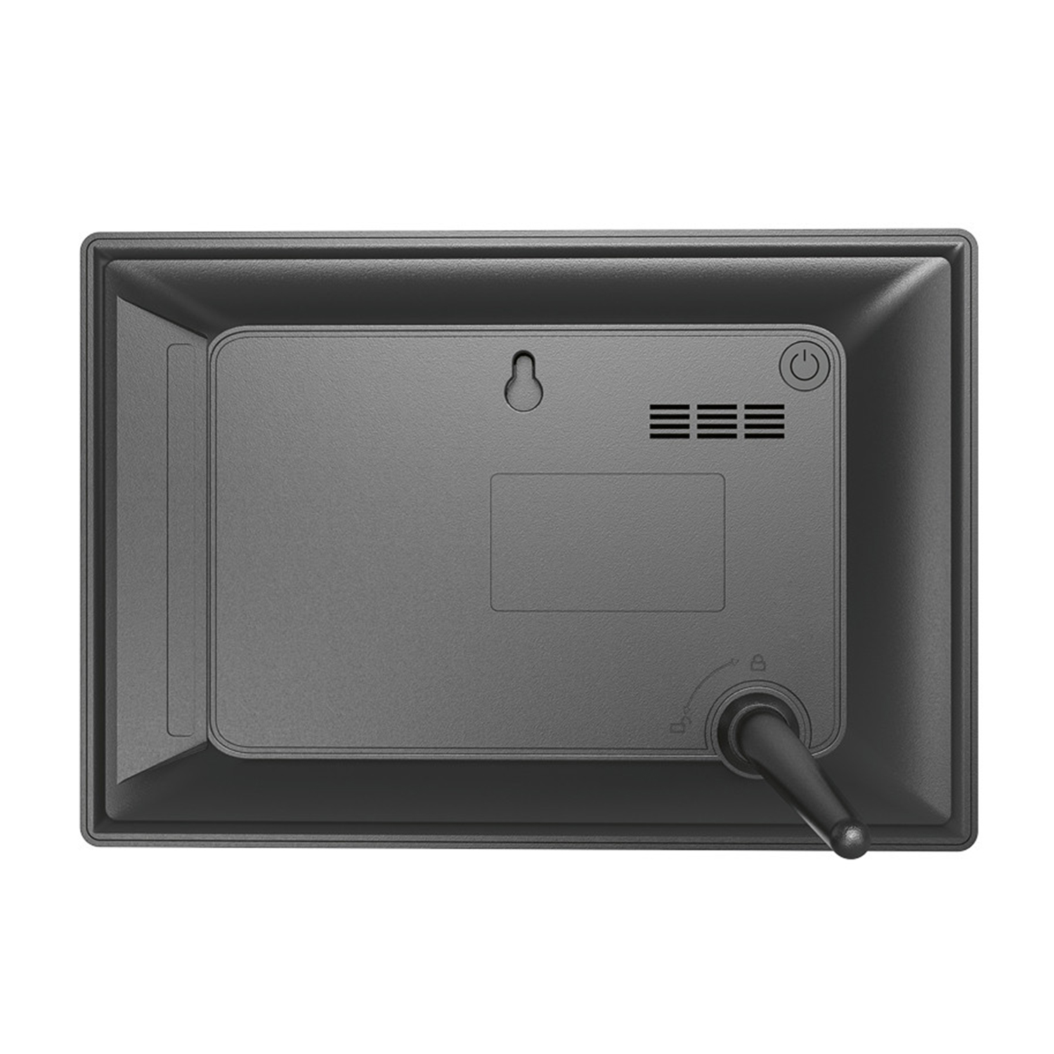 Il retro di una cornice digitale nera con supporto, controlli e pulsante di accensione.