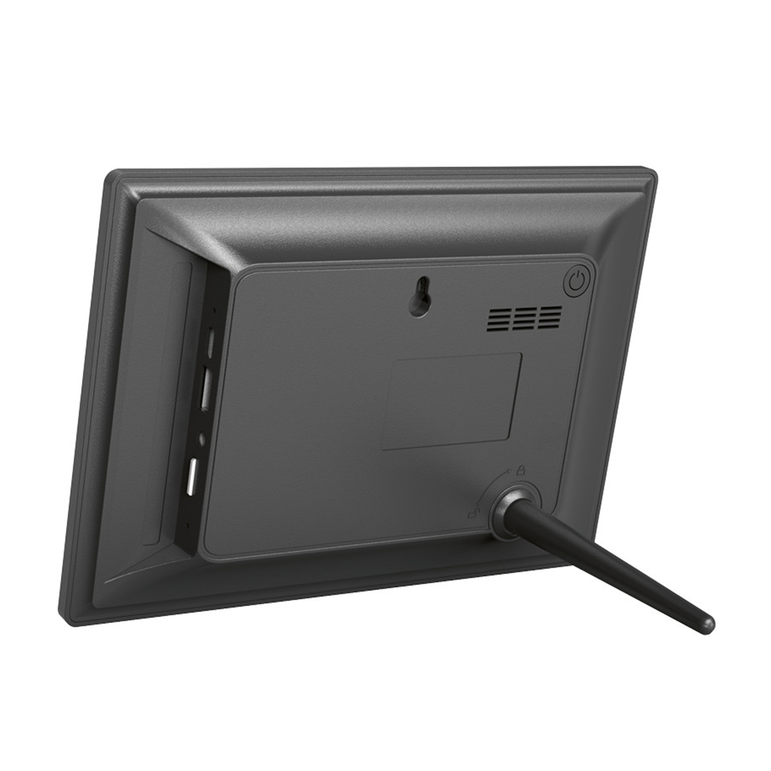 Vista posteriore di una cornice digitale nera con supporto e porte.