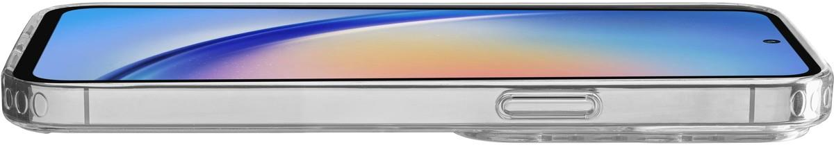 Un téléphone avec une coque transparente, montrant l'écran du téléphone. Sur fond blanc.