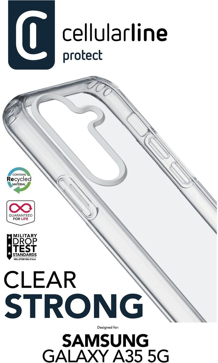 Coque transparente et résistante pour Samsung Galaxy A35 5G, avec texte et logo.