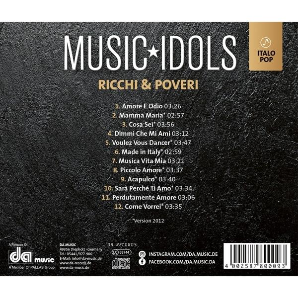 Albumcover mit Text 'MUSIC IDOLS' und Titelliste der Songs von 'Ricchi & Poveri'.