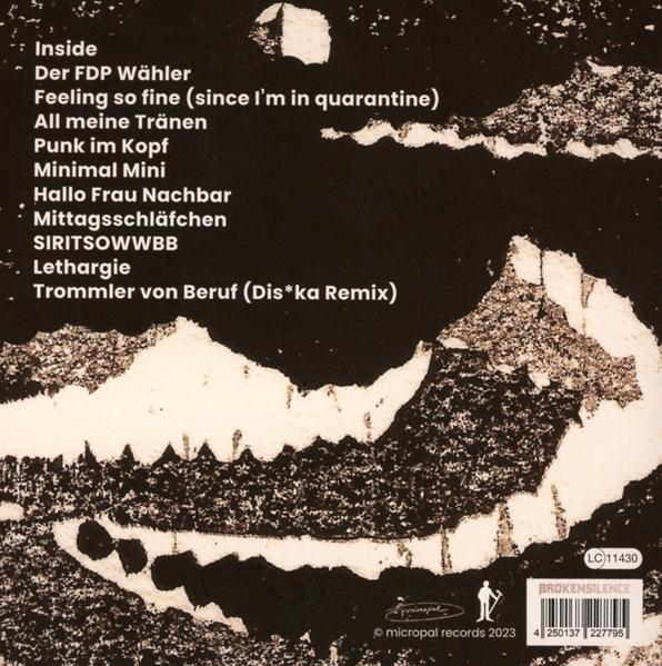 Rückseite eines Albums mit Titel und Künstlernamen in weißer Schrift auf schwarzem Grund.
