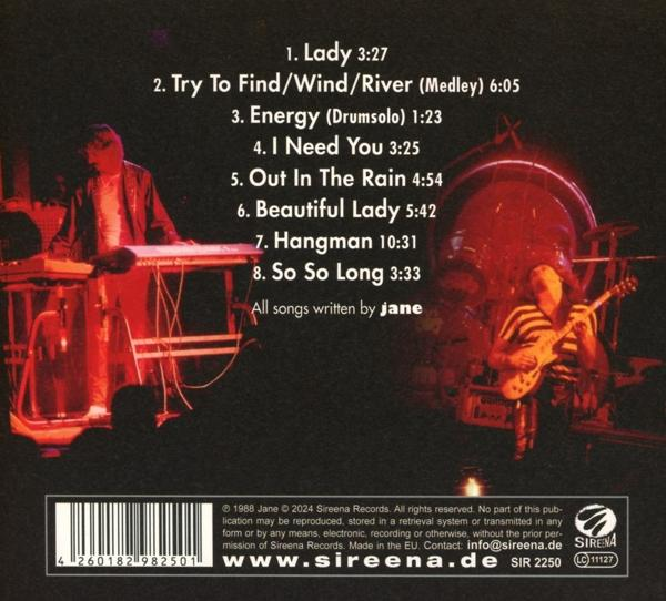 Rückseite des Albums mit Titelliste und Credits. Im Hintergrund ein dunkles, rot getöntes Bild von Musikern.