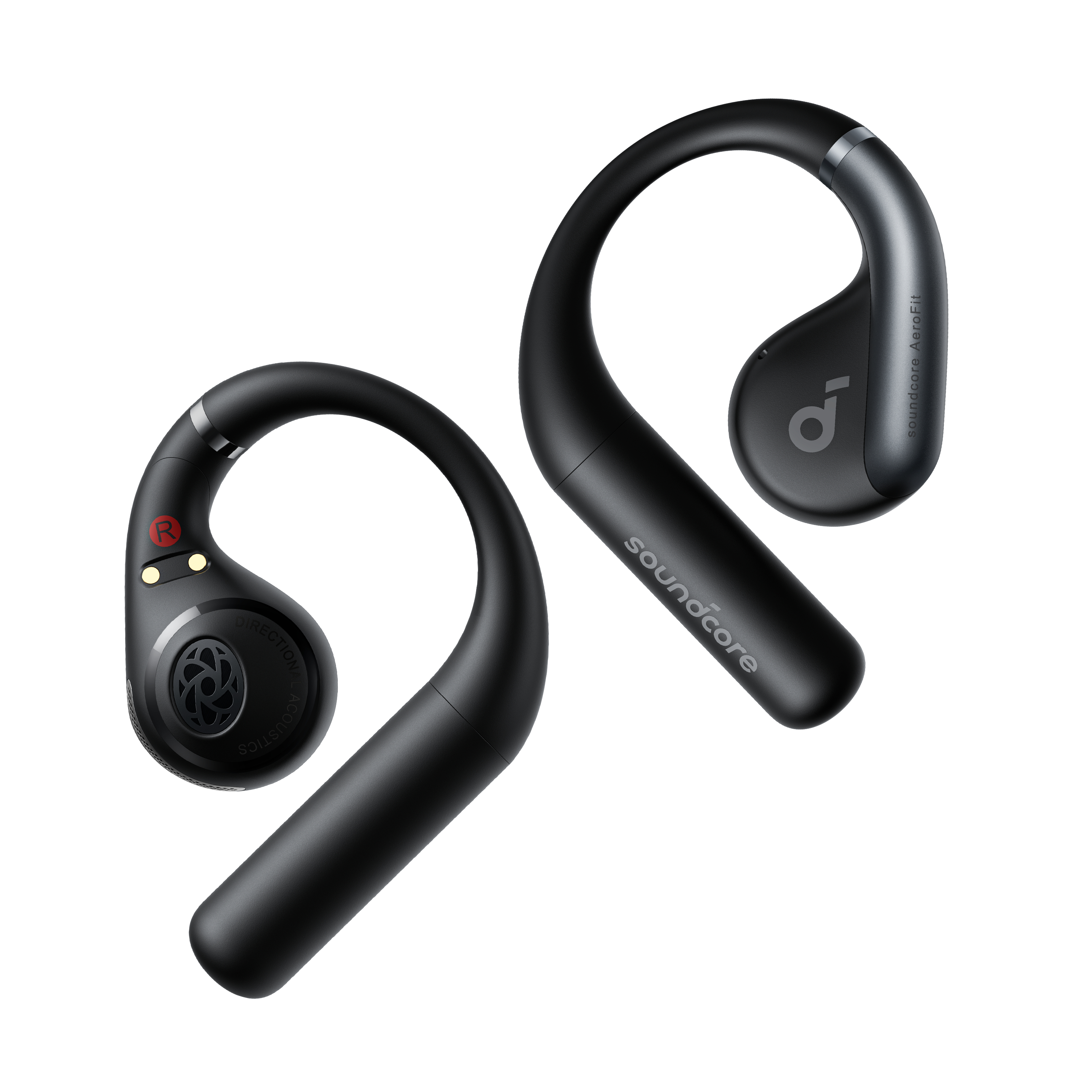 Zwei schwarze Soundcore AeroFit Ohrhörer werden gezeigt, mit einem Haken-Design für sicheren Sitz.