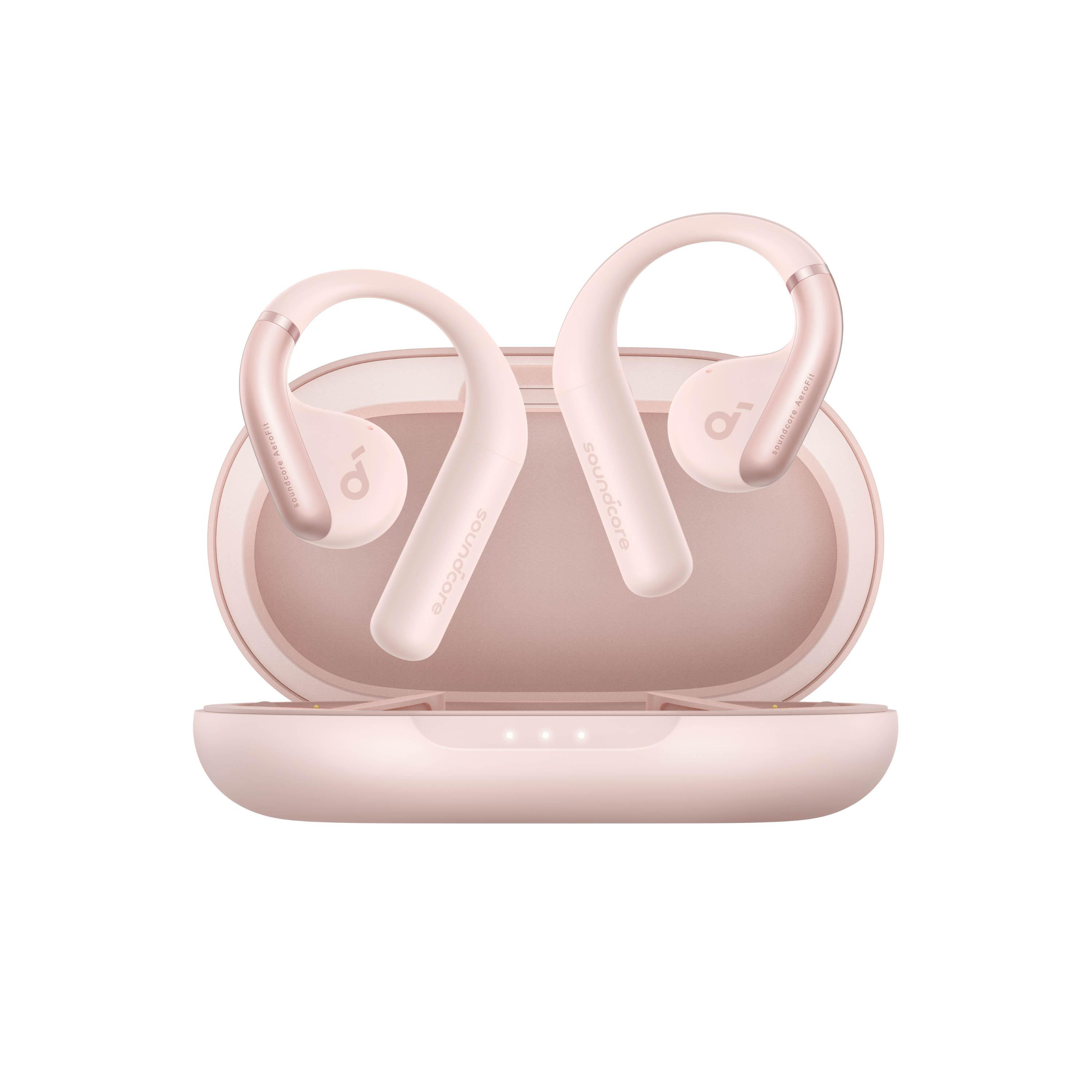 Rosa Soundcore Ohrhörer in einem Ladecase. Ohrhörer haben ein bogenförmiges Design.