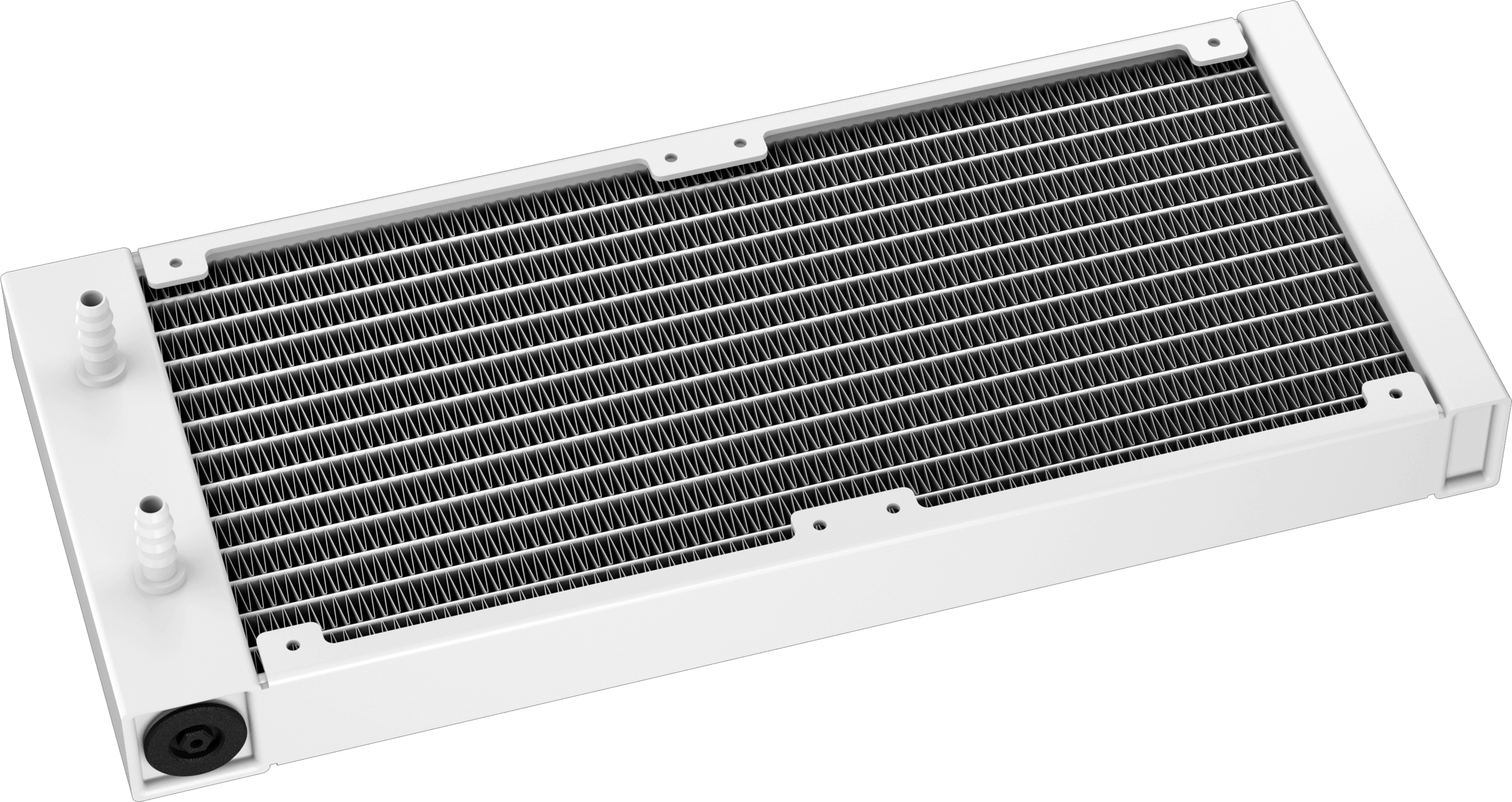 Fehér számítógépes folyadékhűtő fekete háttérrel. Fém és cső design.
