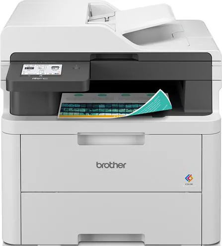 Une imprimante multifonction couleur Brother blanche et noire, avec un bac de sortie papier.