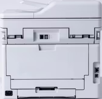 Vue arrière d'une imprimante blanche avec bac à papier et autres composants visibles.