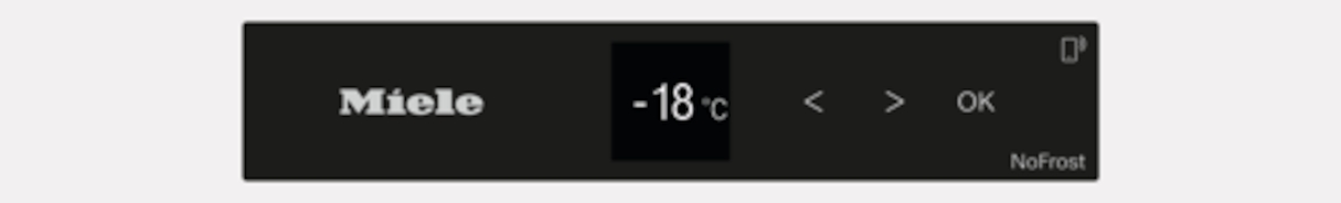 Ein Kühlschrankdisplay mit 'Miele', einer Temperatur von -18°C und Steuertasten.