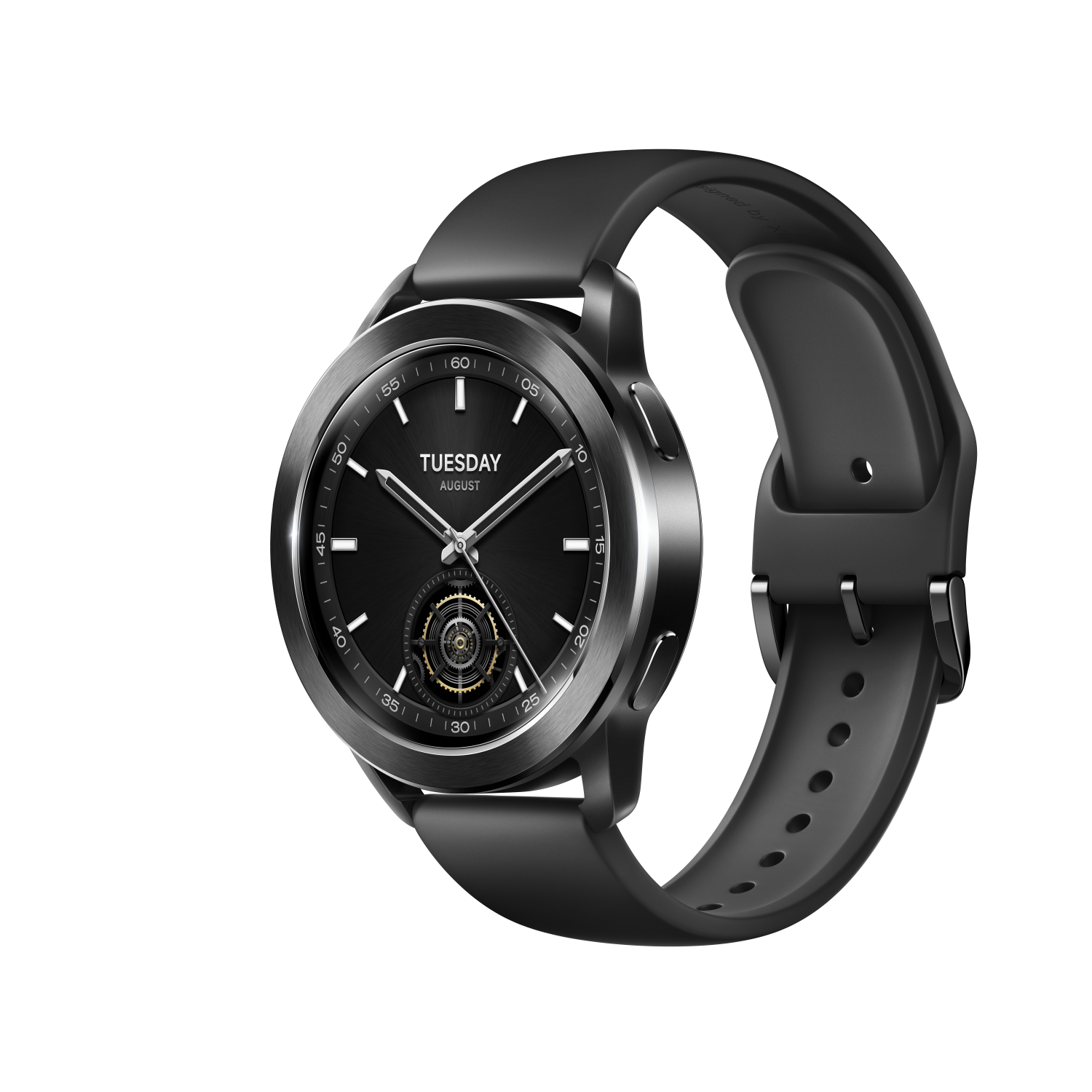 A black smartwatch with a black band on a black background.