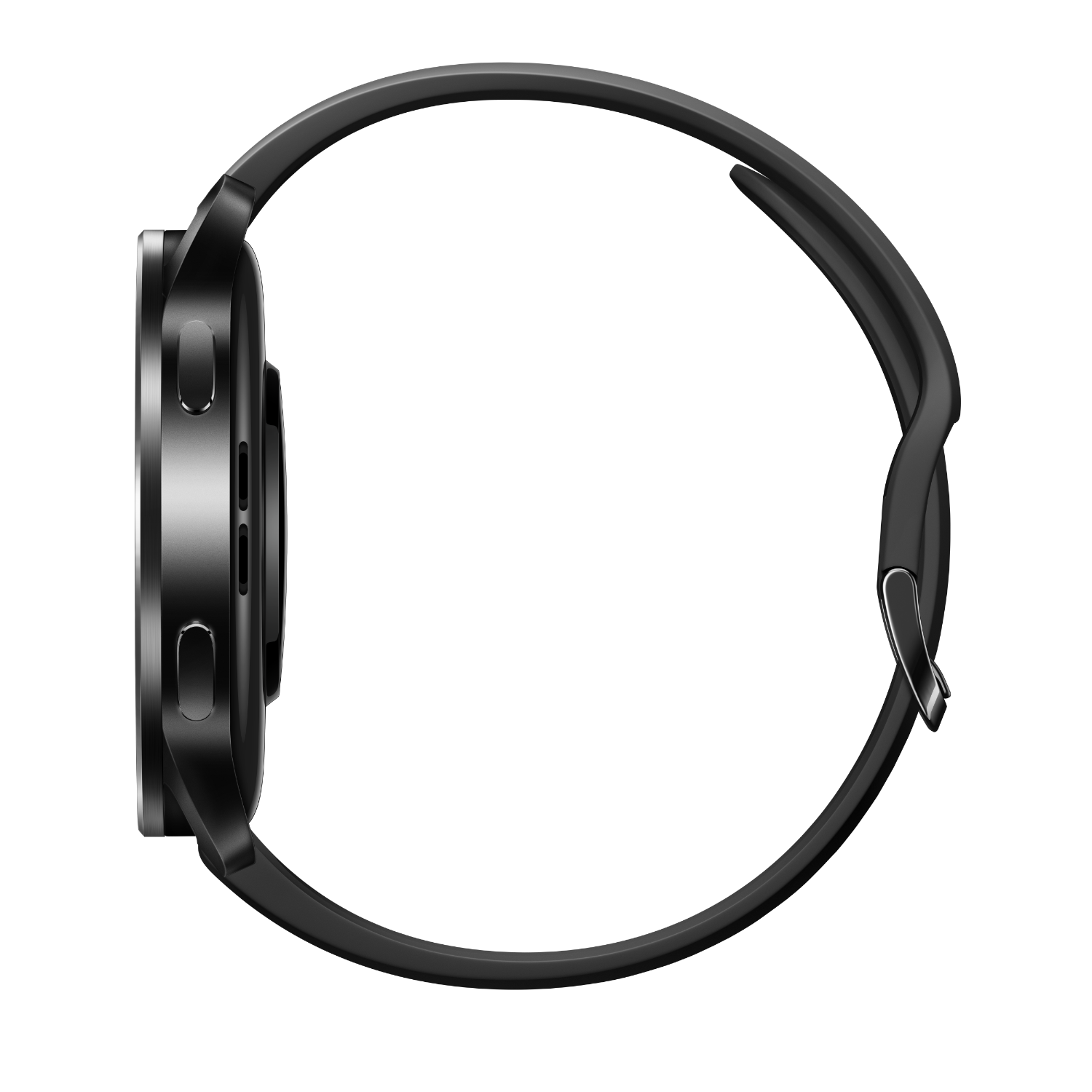 A black smartwatch, side view, with a black strap and a round display.