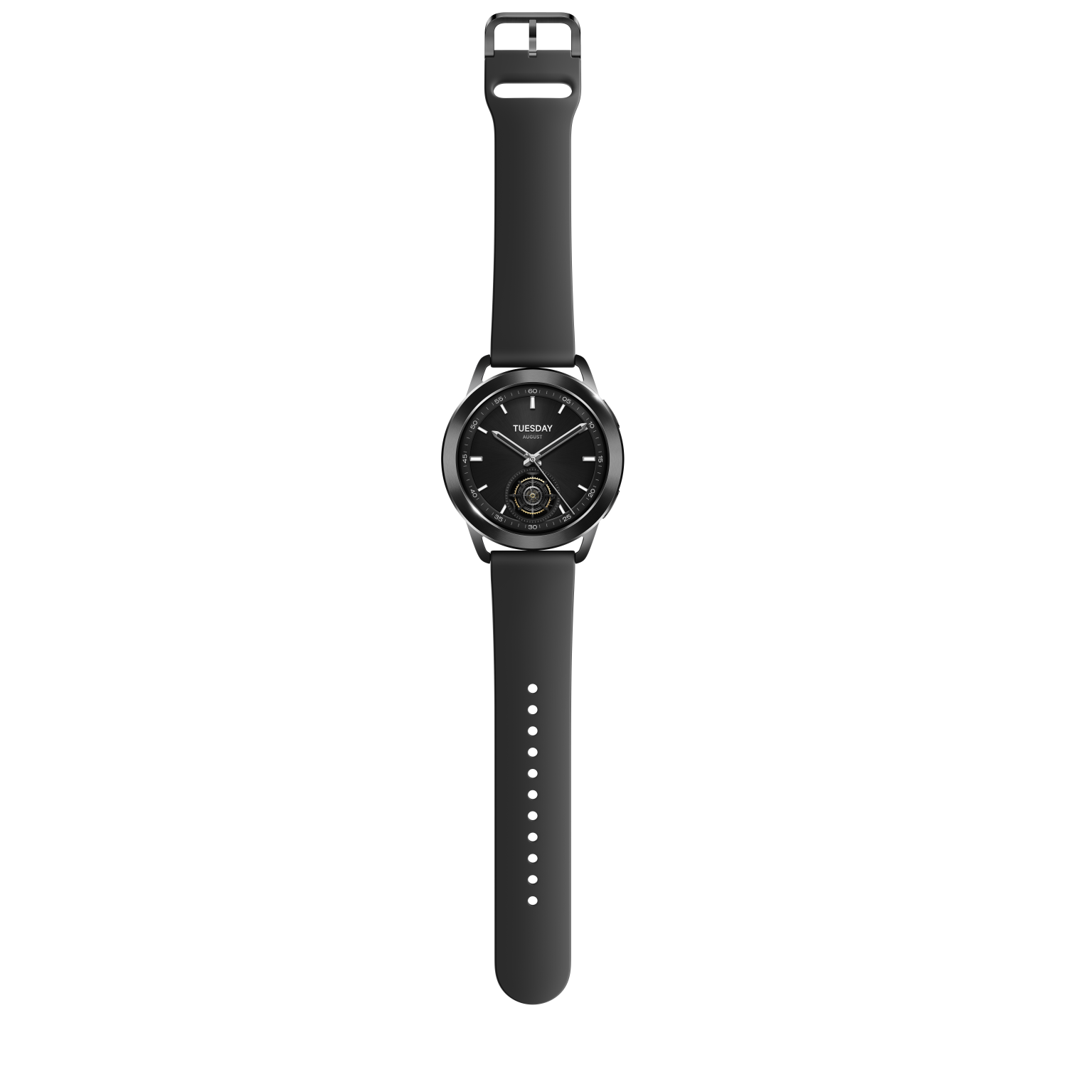 Black smartwatch with black strap, displaying the time. Dark background.