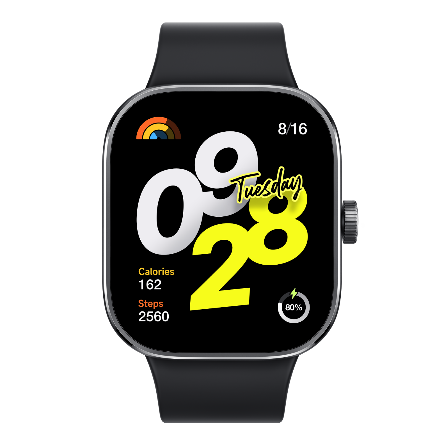 Smartwatch with black band, displaying time, date, and health metrics.