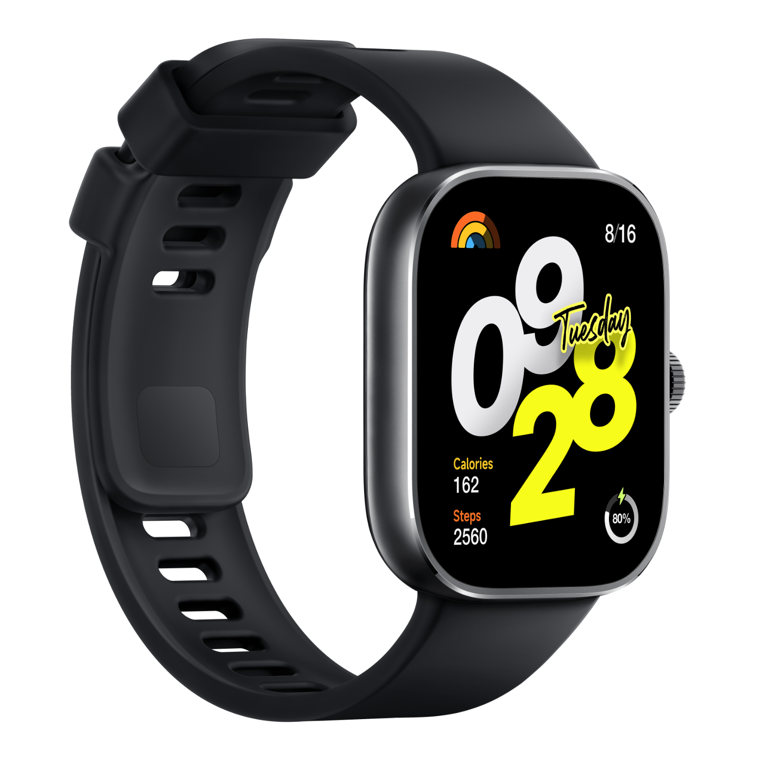 Black smartwatch with a black strap. The watch face displays time, date, steps, calories, and battery.