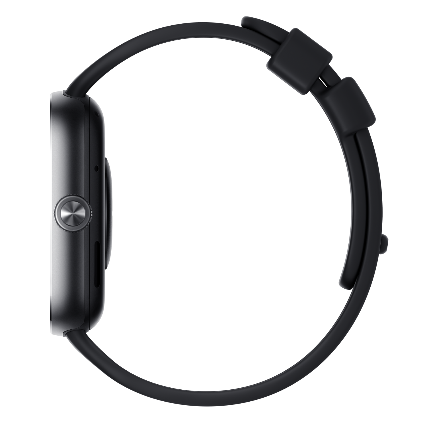 Side view of a black smartwatch with a black strap on a black background.