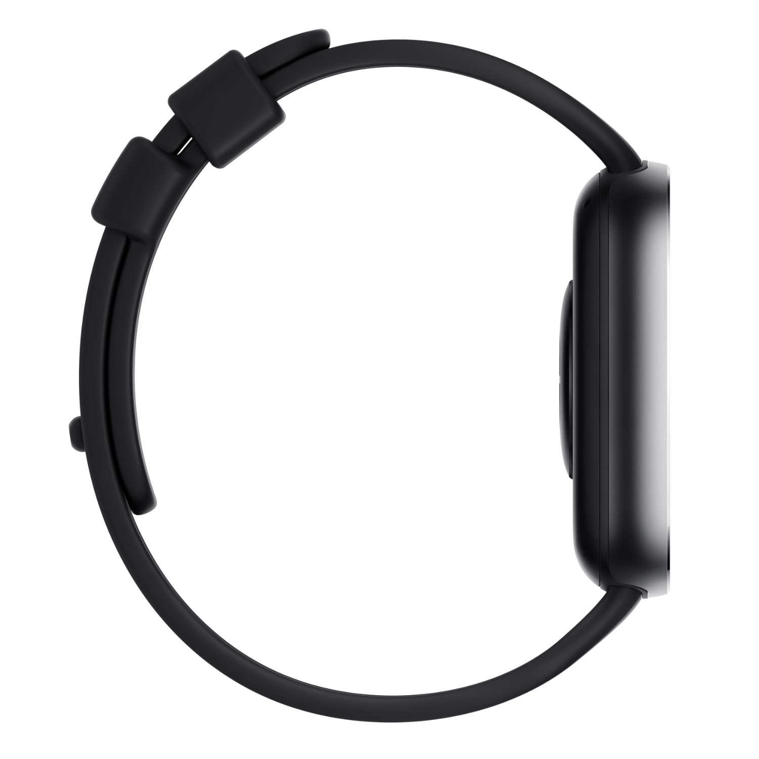 Black smartwatch with a black band. The watch is showing the time.