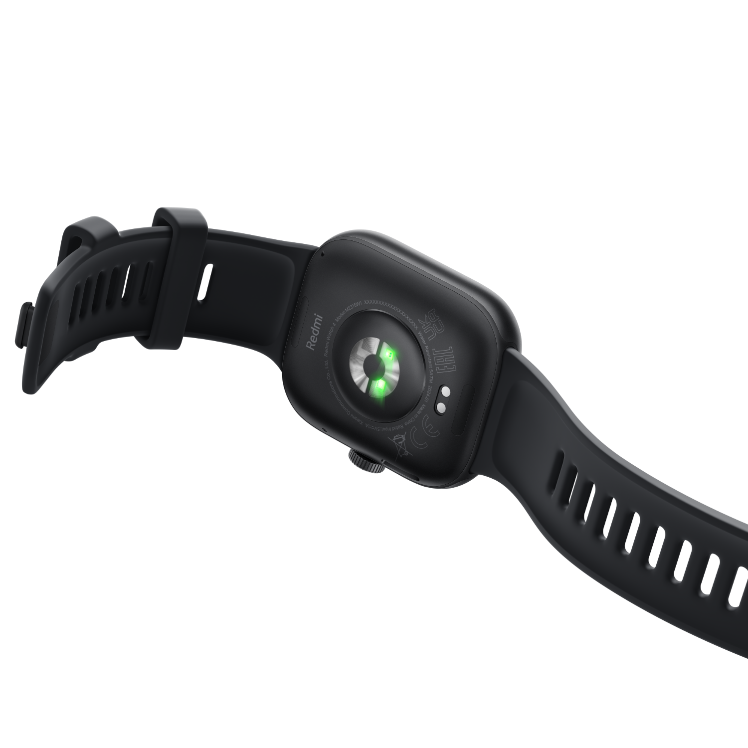 Black smartwatch, back view with a black strap. The watch has a heart rate sensor.