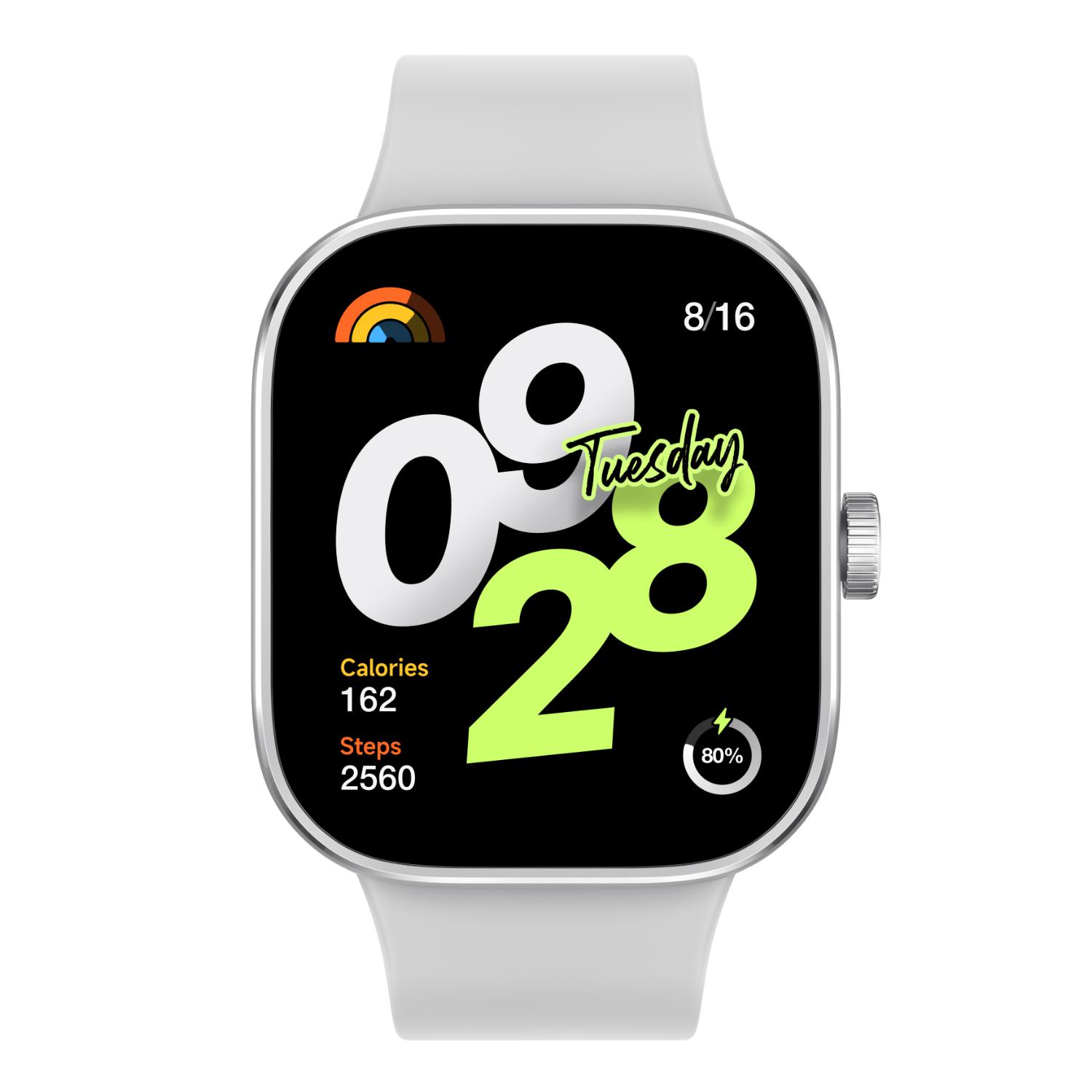 Smartwatch met tijd, datum, activiteitsgegevens en batterijpercentage. Witte band.