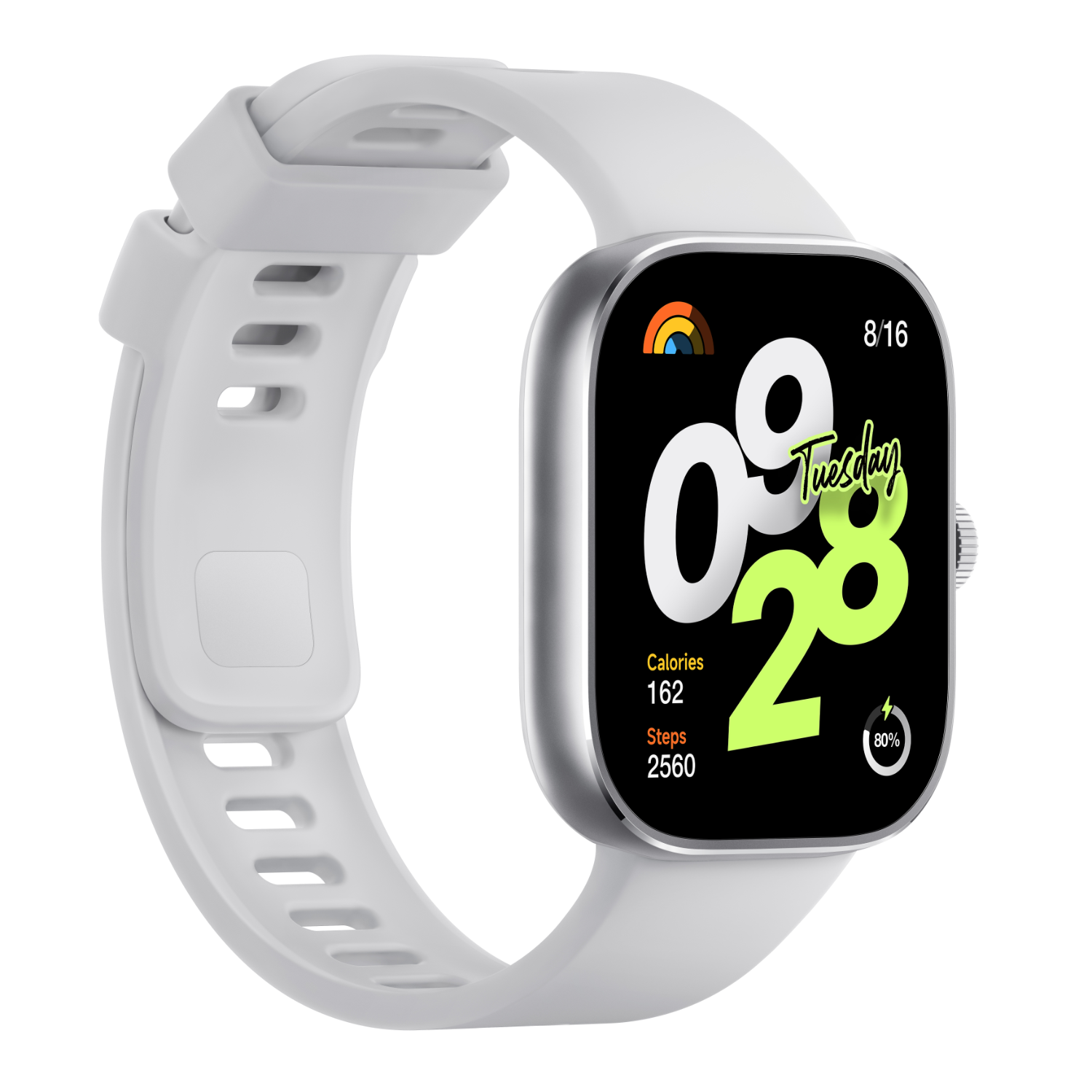 Witte smartwatch met een witte band. Het scherm toont de tijd, calorieën, stappen en batterij.