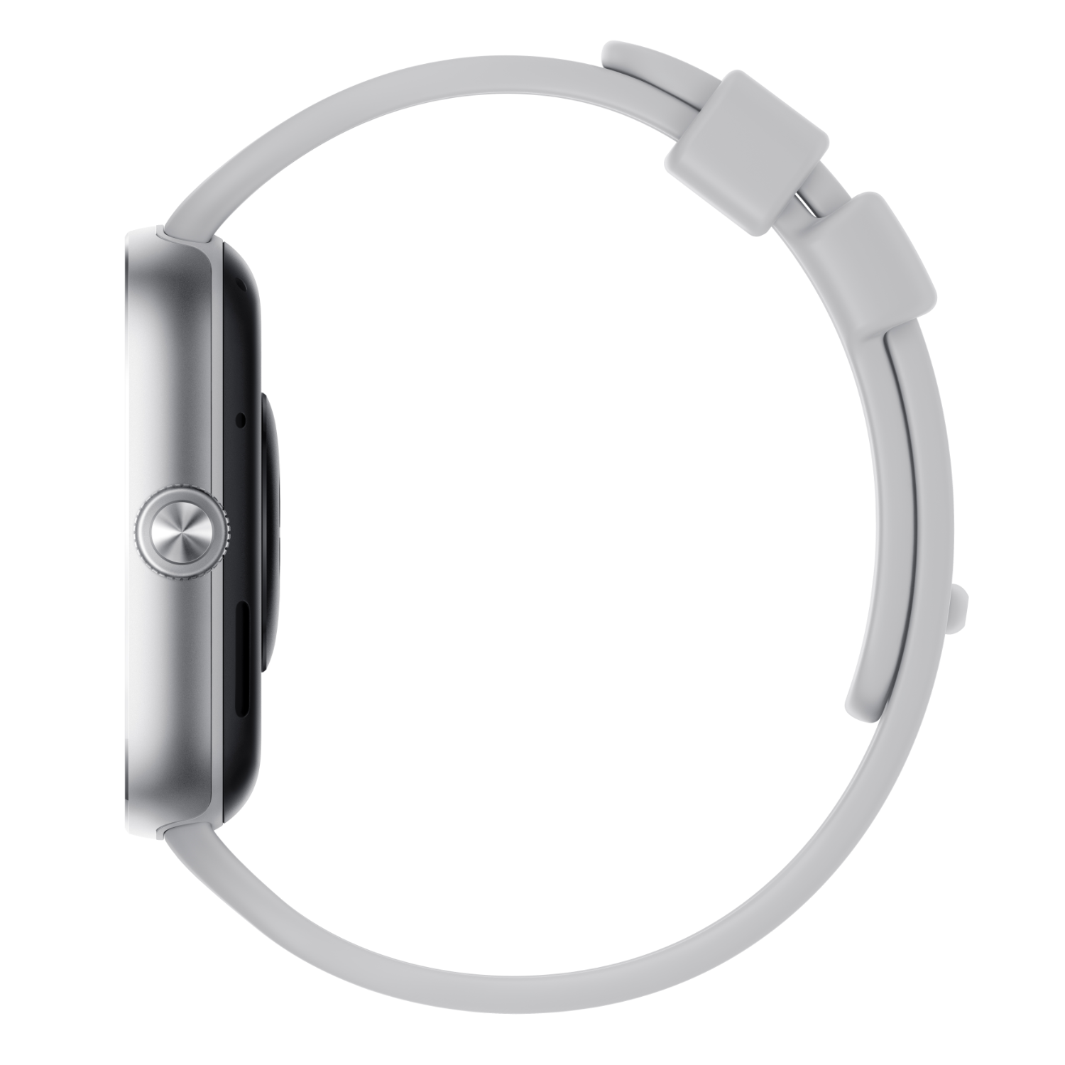 Zijaanzicht van een zilveren smartwatch met een lichtgrijze band.