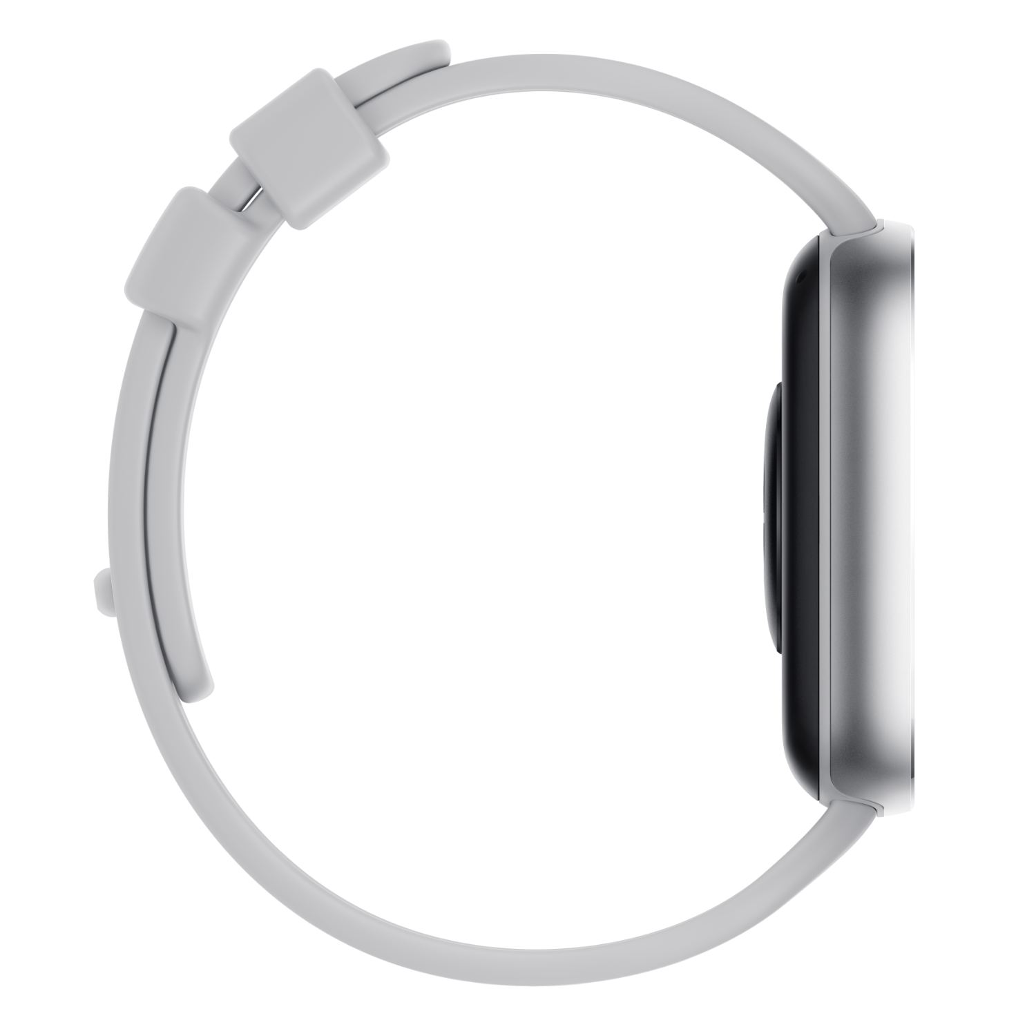 Een smartwatch, zijaanzicht, met een grijze band, met een digitaal scherm.