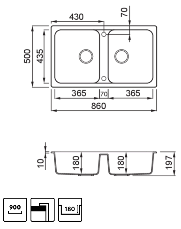 Egy dupla mosogató diagramja méretekkel.