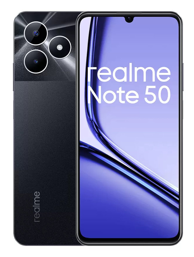 Czarny smartfon z trzema tylnymi aparatami, ekran wyświetla "realme Note 50".
