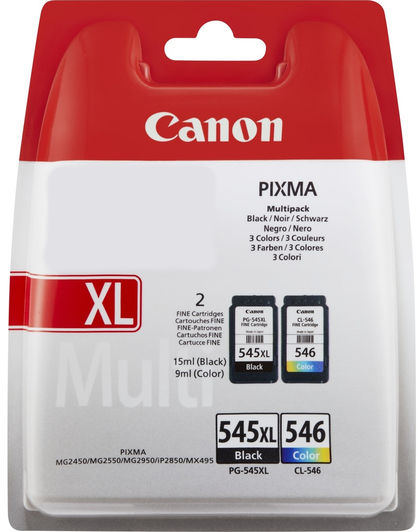 Canon Tintenpatronen in einer Verpackung. Schwarze und farbige Tintenpatronen sind sichtbar.